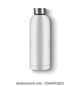 Vetor realista 3D branco brilhante brilhante garrafa de água reutilizável com aço Bung Closeup isolado. Modelo de Design de Embalagem Mockup. Vista frontal