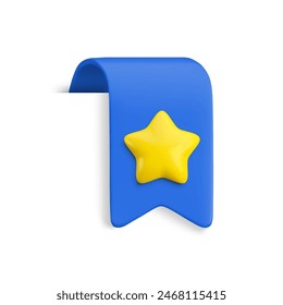 Vector Realistic 3d Blue Bookmark with gold star. Favorite icon design element, cute ribbon e-book sticker with shadow isolated on white. Cartoon 3d vertical ribbon tag, tape, add to bookmarks sign