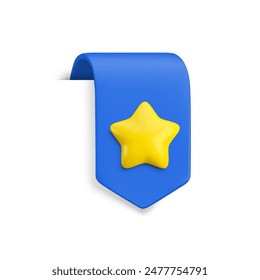 Vector Realistic 3d Blue Bookmark with gold star. Favorite icon design element, cute ribbon e-book sticker with shadow on white. Cartoon 3d vertical ribbon tag, arrow tape, add to bookmarks sign.