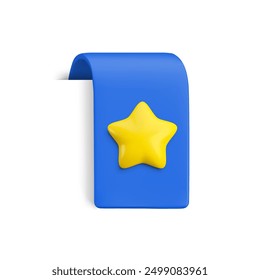 Vector Realistic 3d blue Bookmark with gold star. Favorite icon design element, ribbon e-book sticker with shadow isolated on white. Cartoon 3d vertical ribbon tag, tape, add to bookmarks sign.