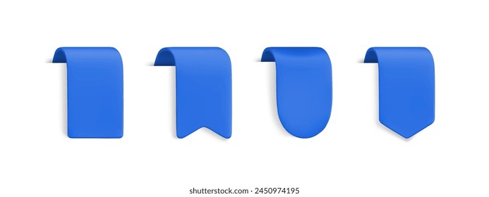 Vector Realistic 3d Blue Bookmarks set. Vintage design element, decorative ribbons sticker with shadow on white background. Cartoon 3d vertical ribbon tag for sale banner, price tag, label, game, app.