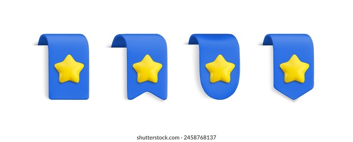 Vector Realistic 3d Blue Bookmarks set with gold star. Favorite icon design element, cute ribbons e-book sticker with shadow on white. Cartoon 3d vertical ribbon tags, tape, add to bookmarks.