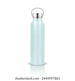 Vector Realistic 3d Blue Color Metal or Plastic Blank Glossy Reusable Water Bottle with Silver Bung Closeup Isolated on White Background. Design Template of Packaging Mockup. Front View