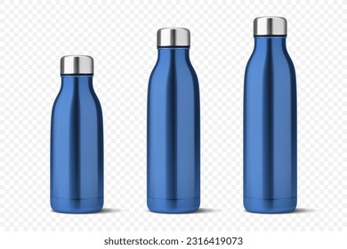 Botella de agua reutilizable de metal brillante azul vectorial realista 3d con cierre de estiércol plateado aislado. Plantilla de diseño de mockup de empaquetado. Vista frontal