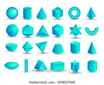 Vector Realistic 3D Blue Geometric Shapes Isolated On White Background. Maths Geometrical Figure Form, Realistic Shapes Model. Platon Solid. Geometric Shapes Icons For Education, Business, Design.