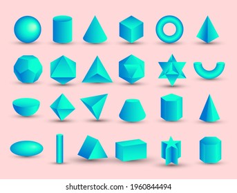 Vector realistic 3D blue geometric shapes isolated on pink background. Maths geometrical figure form, realistic shapes model. Platon solid. Geometric shapes icons for education, business, design.