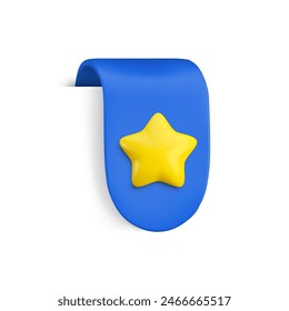 Vector Realistic 3d Blue Ribbon with gold star. Vintage favorite icon design element, cute ribbon e-book sticker. Cartoon 3d rounded ribbon tag for sale banner, add to bookmarks sign, game, app.