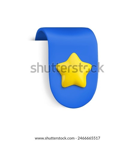 Vector Realistic 3d Blue Ribbon with gold star. Vintage favorite icon design element, cute ribbon e-book sticker. Cartoon 3d rounded ribbon tag for sale banner, add to bookmarks sign, game, app.