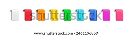 Vector Realistic 3d bookmark ribbon set. Vintage red, green, blue and yellow decorative simple stickers with shadow. Cartoon 3d ribbon tag collection for sale banner, price tag, advert, game, app.