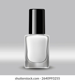Vector realistic 3d bottle of nail polish with shadow in gray scene. White empty jar mockup of packages for branding, products. Cosmetic beauty product