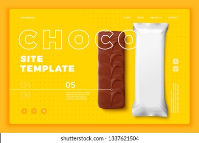 Vector realistic 3d candy bar on bright modern site template with typographic background. Mock-up for product package branding.