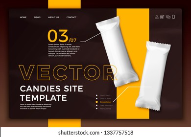 Vector realistic 3d candy bar on bright modern site template with typographic background. Mock-up for product package branding.