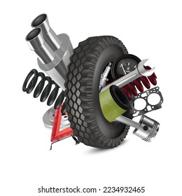 Vector realistic, 3D car tire with auto parts isolated on white background.