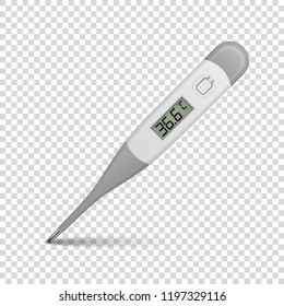 Vector realistic 3d celsius electronic medical thermometer for measuring icon closeup isolated on wtransparency grid background. Clip art, design template of digital thermometer for graphics. Front