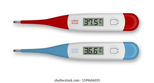 Vector realistic 3d celsius electronic medical thermometer for measuring set closeupisolated. Fever 37.5 and normal 36.6. Design template of digital thermometer showing temperature. Top view