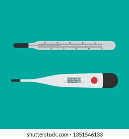 Vector realistic 3d celsius electronic medical thermometer for measuring set closeupisolated. Fever 37.5 and normal 36.6. Design template of digital thermometer showing temperature. Top view