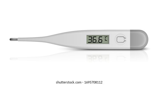 Vector Realistic 3d Celsius Electronic Medical Thermometer for Measuring Icon Closeup Isolated on White Background. 36.6.  