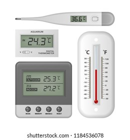 Vector realistic 3d celsius and fahrenheit meteorology, weather, electronic medical and aquarium thermometer icon set closeup isolated on white background. Clip art, design template for graphics