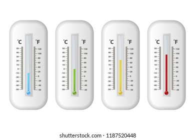 Vector realistic 3d celsius and fahrenheit meteorology, weather thermometer icon set closeup isolated on white background. Clip art, design template for graphics. Thermometers with different levels