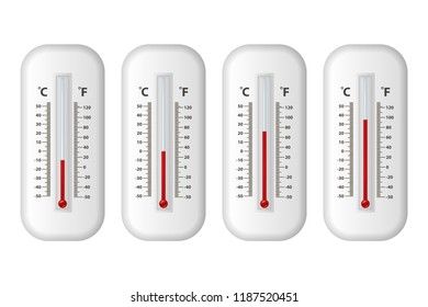 Vector realistic 3d celsius and fahrenheit meteorology, weather thermometer icon set closeup isolated on white background. Clip art, design template for graphics. Thermometers with different levels