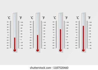 Vector realistic 3d celsius and fahrenheit meteorology, weather thermometer sign icon set closeup isolated on white background. Clip art, design template for graphics. Thermometers with different