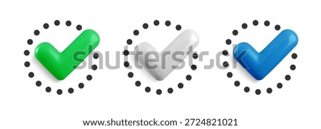 Vector realistic 3d Check mark in flat dotted circle icon set. Trendy plastic green, blue and white checkmark, select circle icon. Round yes button collection. 3d render tick sign for web, app, game.