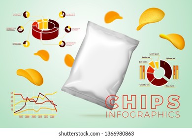 Vector realistic 3d chips pack with business infographics, icons and charts isolated on bright background.