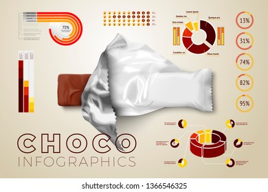 Vector realistic 3d chocolate pack with business infographics, icons and charts isolated on bright background.