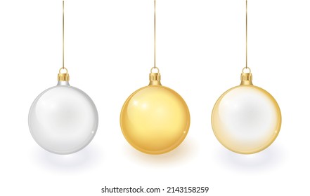 Vector Realista 3d Navidad Glossy Glass Ball, Mock-up Closeup Aislado en Fondo de Cuadrícula de Transparencia. Plantilla de diseño de navidad y bolera de decoración de juguetes de Año Nuevo para recolección