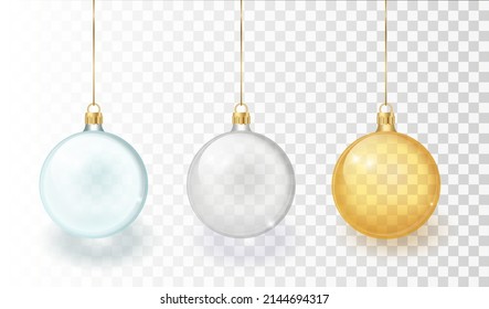 Vector Realista 3d Navidad Glossy Glass Ball, Mock-up Closeup Aislado en Fondo de Cuadrícula de Transparencia. Plantilla de diseño de navidad y bolera de decoración de juguetes de Año Nuevo para recolección