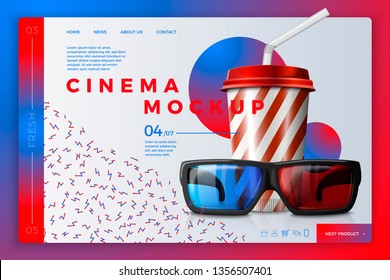 Vector realistic 3d cinema site template with cola and glasses on bright modern background. Mock-up for product package branding.