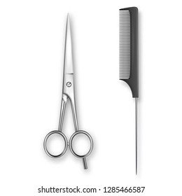 Vector Realistic 3d Classic Simple Scissors and Black Plastic Hairdresser s Comb Icon for Salon, Barbershop, Mock-up Closeup Isolated on White. Design Template of Hair Comb for Mockup. Top View