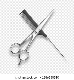 Vector Realistic 3d Classic Simple Scissors and Black Plastic Hairdresser s Comb Icon for Salon, Barbershop, Mock-up Closeup Isolated on White. Design Template of Hair Comb for Mockup. Top View