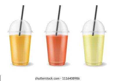 Vector realistic 3d clear plastic disposable transparent cup with pipe set. Fresh orange, tomato and apple smoothie or juice. Mug of fruit organic shake, cocktail. Vegetarian healthy natural food