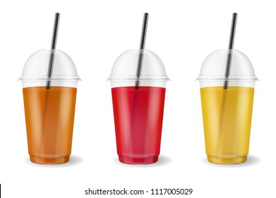 Vector realistic 3d clear plastic disposable transparent cup with pipe set. Fresh tea, orange, apple and berry juice set. Mug of fruit organic shake, cocktail. Vegetarian healthy natural food. Closeup