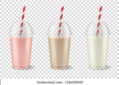 Vector realistic 3d clear plastic disposable transparent cup with pipe set. Fruit and berry smoothies or juice drink - strawberry, raspberry, cherry, banana, chocolate, coffee. Pink, brown and white