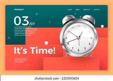 Vector realistic 3d clockwork watch isolated on bright modern site template with typographic background. Mock-up for product package branding.