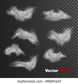 Vector realistic 3d clouds of steam vapour misty fog grey Haze, ghost style illustration on dark transparent background. Web design decoration element. Banner, print, poster objects. Different shapes.