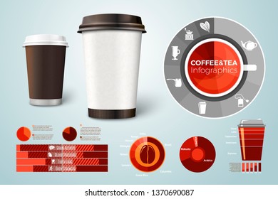 Vector realistic 3d coffee and tea cardboard cups, with business infographics, icons and charts isolated on bright background.