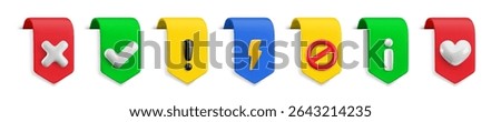 Vector Realistic 3d color ribbon signs set. Vintage design element, decorative bookmark sticker with yes tick, cross, exclamation sign, lightning, info, heart. Cartoon 3d button ribbon tag collection.
