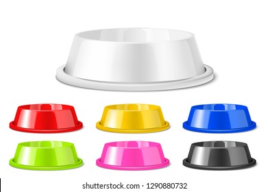 Vector Realistic 3d Colored Blank Plastic or Metal Pet Bowl Icon Set, Mock-up Closeup Isolated on White Background. Design Template of Bowl for Pet, Cat, Animal Food for Mockup. Front View