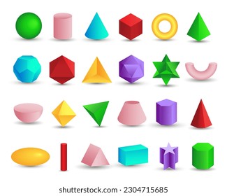 Formas geométricas realistas 3D de color aisladas en fondo blanco. Forma de figuras geométricas matemáticas, modelo de formas realistas. Platón sólido. Iconos de formas geométricas para educación, negocios, diseño