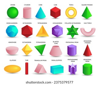 Vektorrealistische 3D-farbige geometrische Formen einzeln auf weißem Hintergrund. Mathematik geometrische Form, realistische Formen Modell. Platon solide. Geometrische Formen - Symbole für Bildung, Wirtschaft, Design.