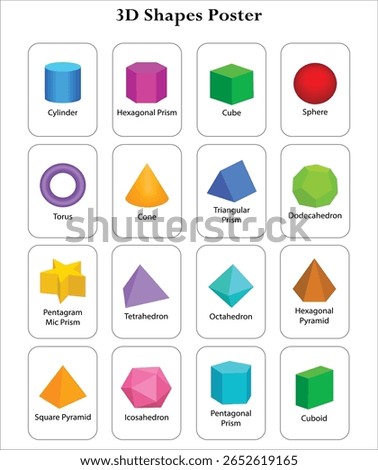 Vector realistic 3D colorful geometric shapes isolated on white background. Maths geometrical figure form, realistic shapes model. Platon solid. Geometric shapes icons for education, design. 109