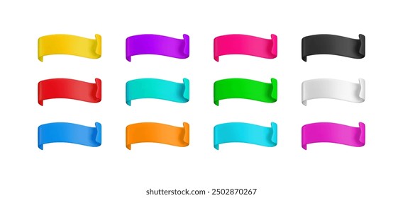 Vector Realistic 3d colorful ribbons set. Vintage design element, decorative wavy sticker. Cartoon 3d colorful ribbons tag collection for sale banner, price tag, black friday advert, game, app, label.