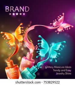 Vector realistic 3d cosmetic background, open bottles with nail polish with splashes in form of neon butterflies. Mock up, template packaging design with brand info, promo poster for nail lacquer