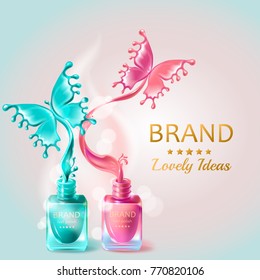 Vector realistic 3d cosmetic background, open bottles with nail polish with splashes in form of butterflies. Mock up, template packaging design with brand information, promo poster for nail lacquer