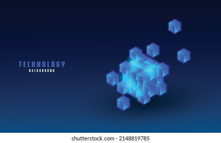 Vector realistic 3d cubes with blue glowing on dark blue background. Technology background. Cyberspace concept . Hi tech , futuristic vector illustration . 