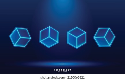 Vector realistic 3d cubes with blue glowing on dark blue background. Technology background. Cyberspace concept . Hi tech , futuristic vector illustration . 