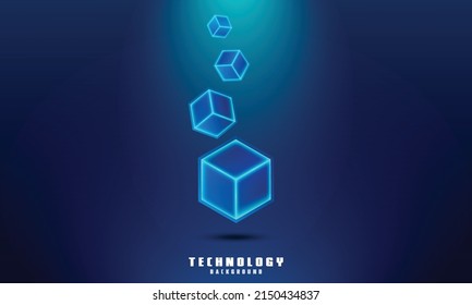 Vector realistic 3d cubes with blue glowing on dark blue background. Technology background. Cyberspace concept . Hi tech , futuristic vector illustration . 